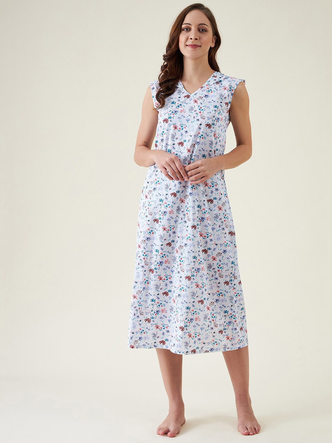 

The Kaftan Company Women White Printed Cotton Nightdress