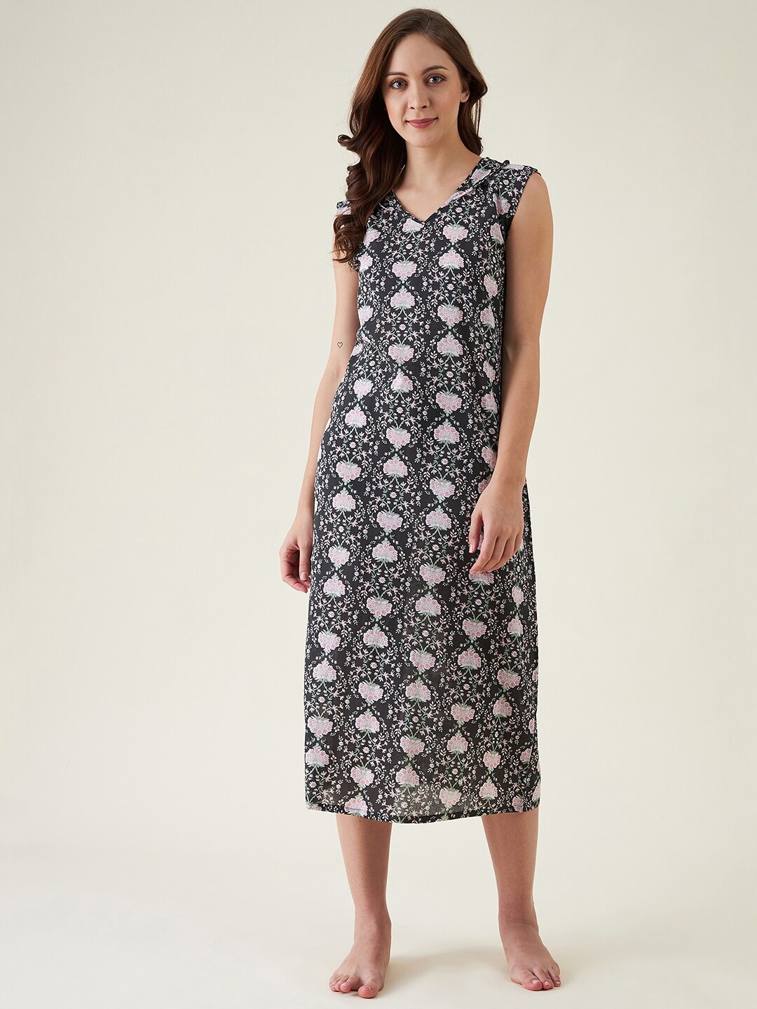 

The Kaftan Company Women Black Printed Cotton Nightdress