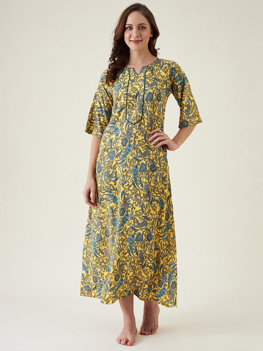 

The Kaftan Company Yellow Printed Maxi Nightdress