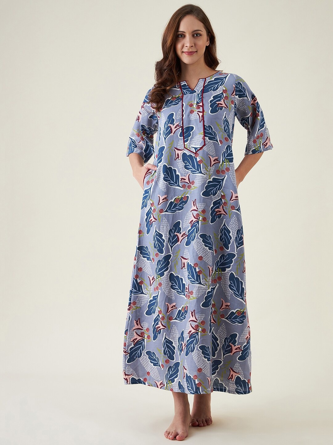 

The Kaftan Company Women Grey Printed Maxi Nightdress