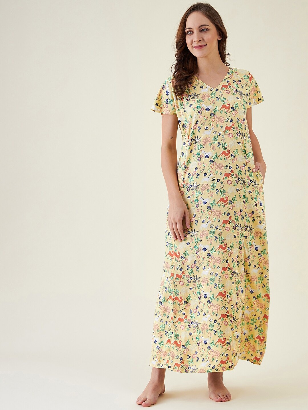 

The Kaftan Company Women Yellow Printed Maxi Nightdress