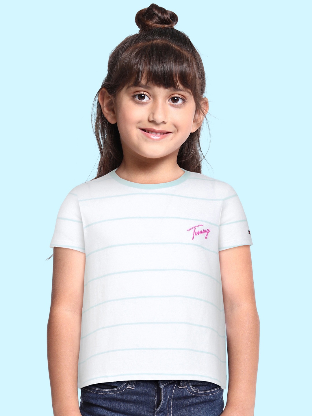 

Tommy Hilfiger Girls White & Blue Striped Pure Cotton T-shirt