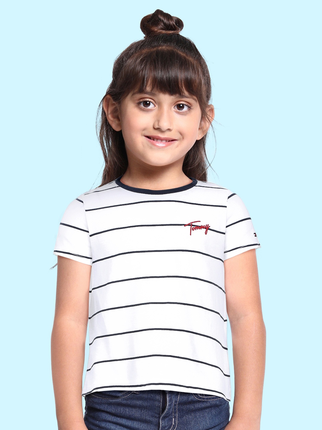 

Tommy Hilfiger Girls White & Navy Blue Striped Pure Cotton T-shirt