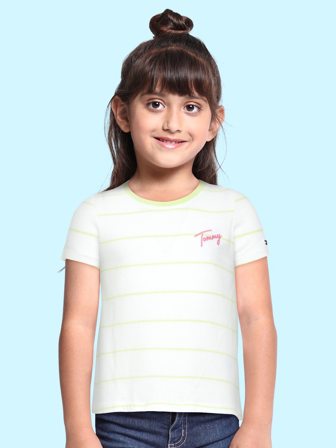

Tommy Hilfiger Girls White & Lime Green Striped Pure Cotton T-shirt