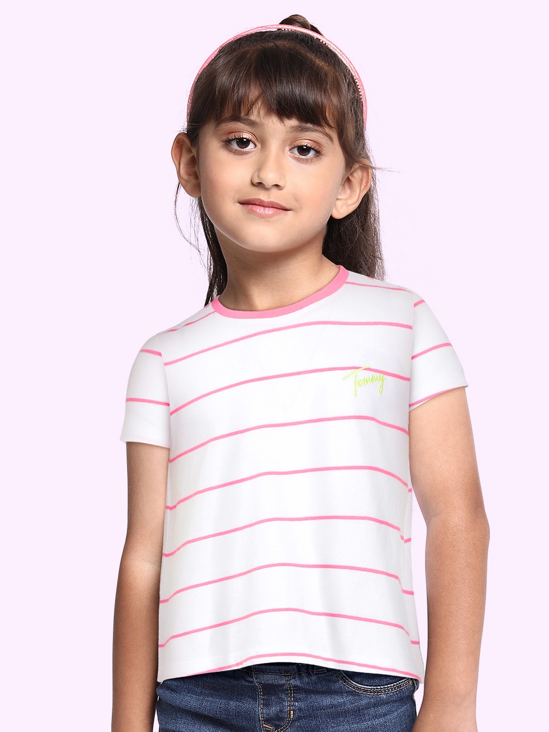 

Tommy Hilfiger Girls White & Pink Striped Pure Cotton T-shirt