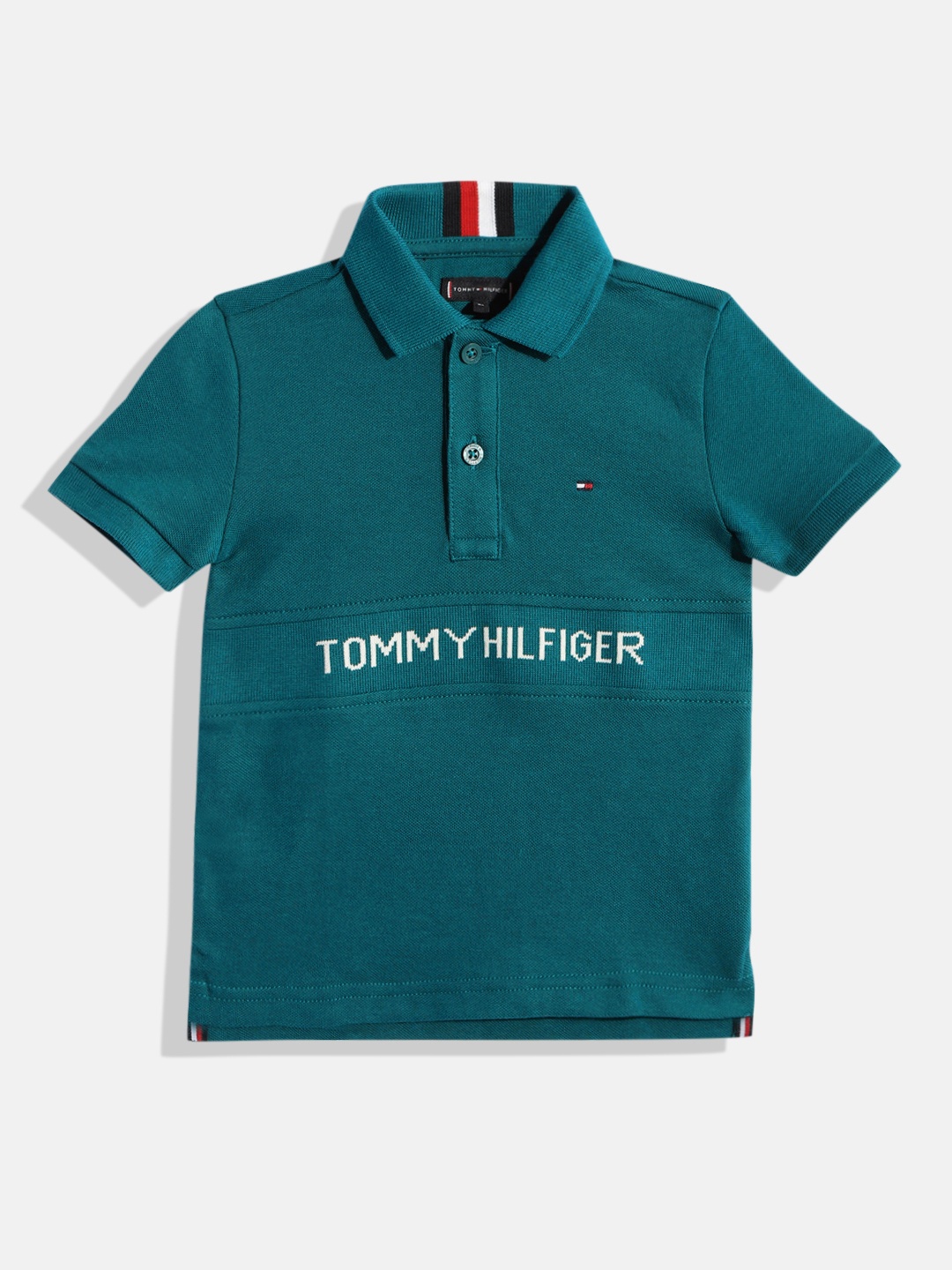 

Tommy Hilfiger Boys Teal Brand Logo Polo Collar Organic Cotton T-shirt