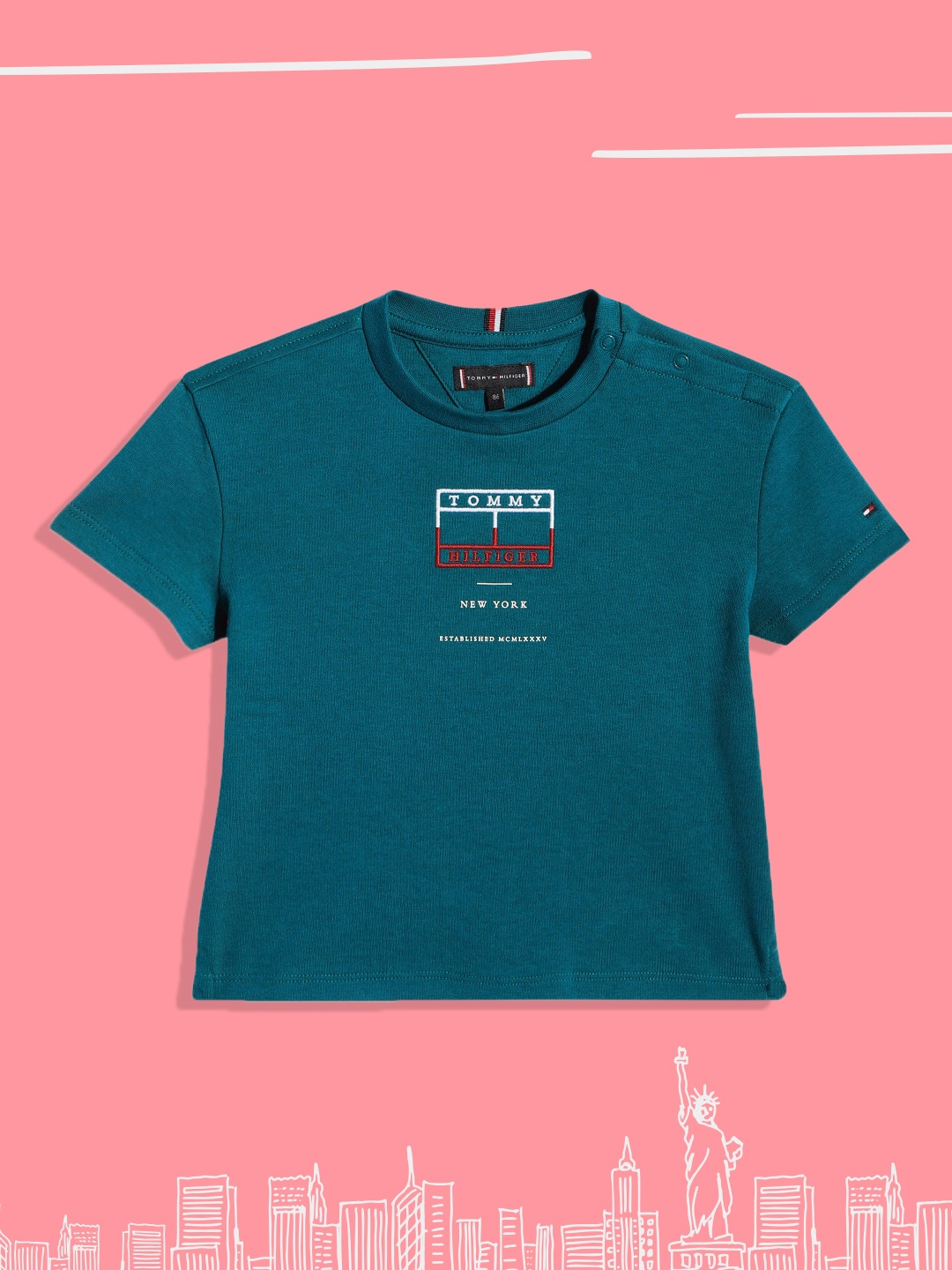 

Tommy Hilfiger Boys Teal Brand Logo Printed Pure Cotton T-shirt