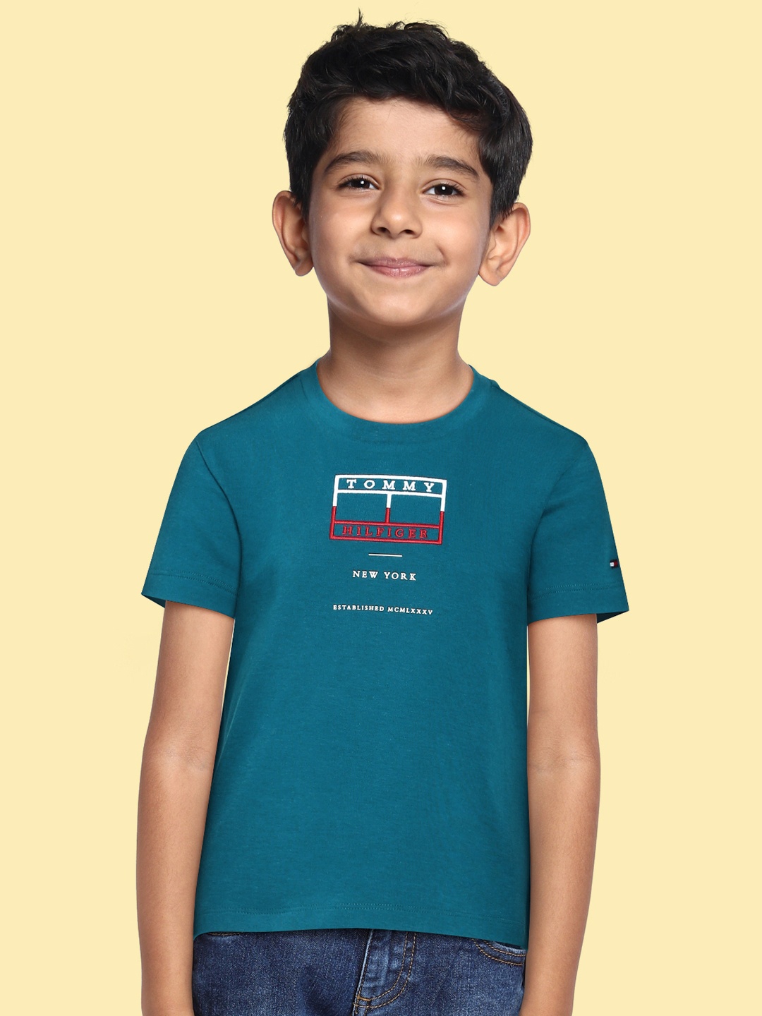

Tommy Hilfiger Boys Teal Blue Brand Logo Embroidered Pure Cotton T-shirt