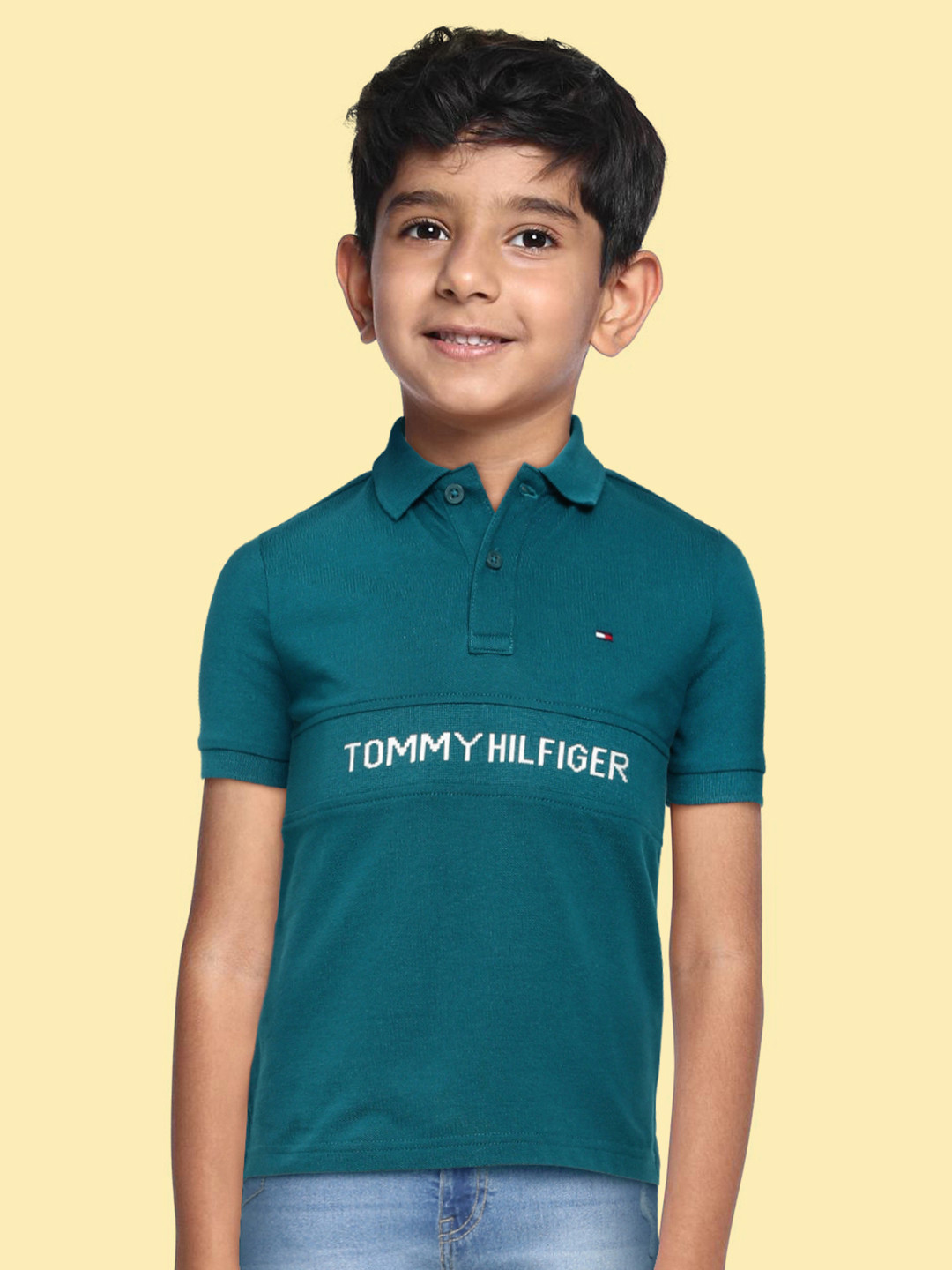 

Tommy Hilfiger Boys Teal Blue & White Brand Logo Printed Pure Organic Cotton T-shirt