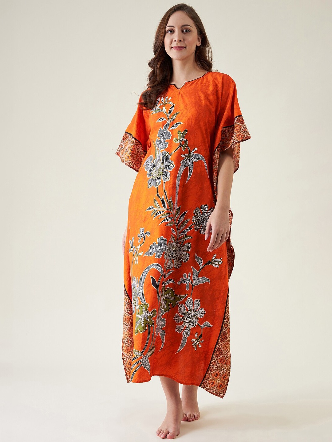 

The Kaftan Company Orange Pure Cotton Printed Maxi Nightdress