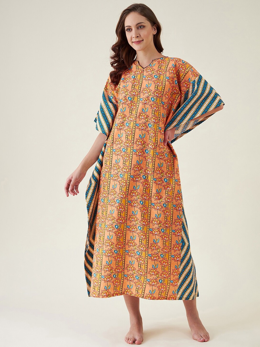 

The Kaftan Company Women Peach-Coloured Printed Cotton Kaftan Maxi Nightdress