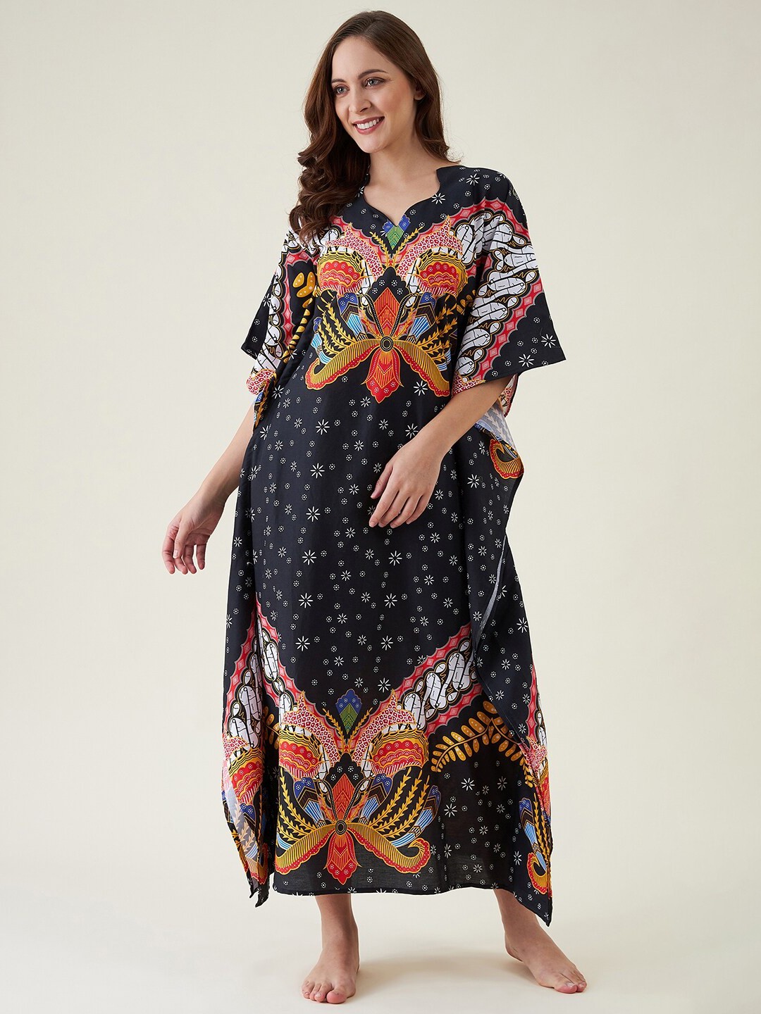 

The Kaftan Company Women Black Printed Cotton Maxi Nightdress