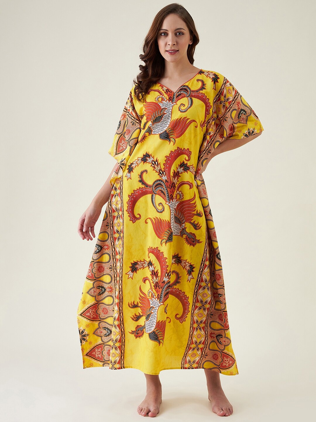 

The Kaftan Company Yellow Pure Cotton Printed Maxi Nightdress