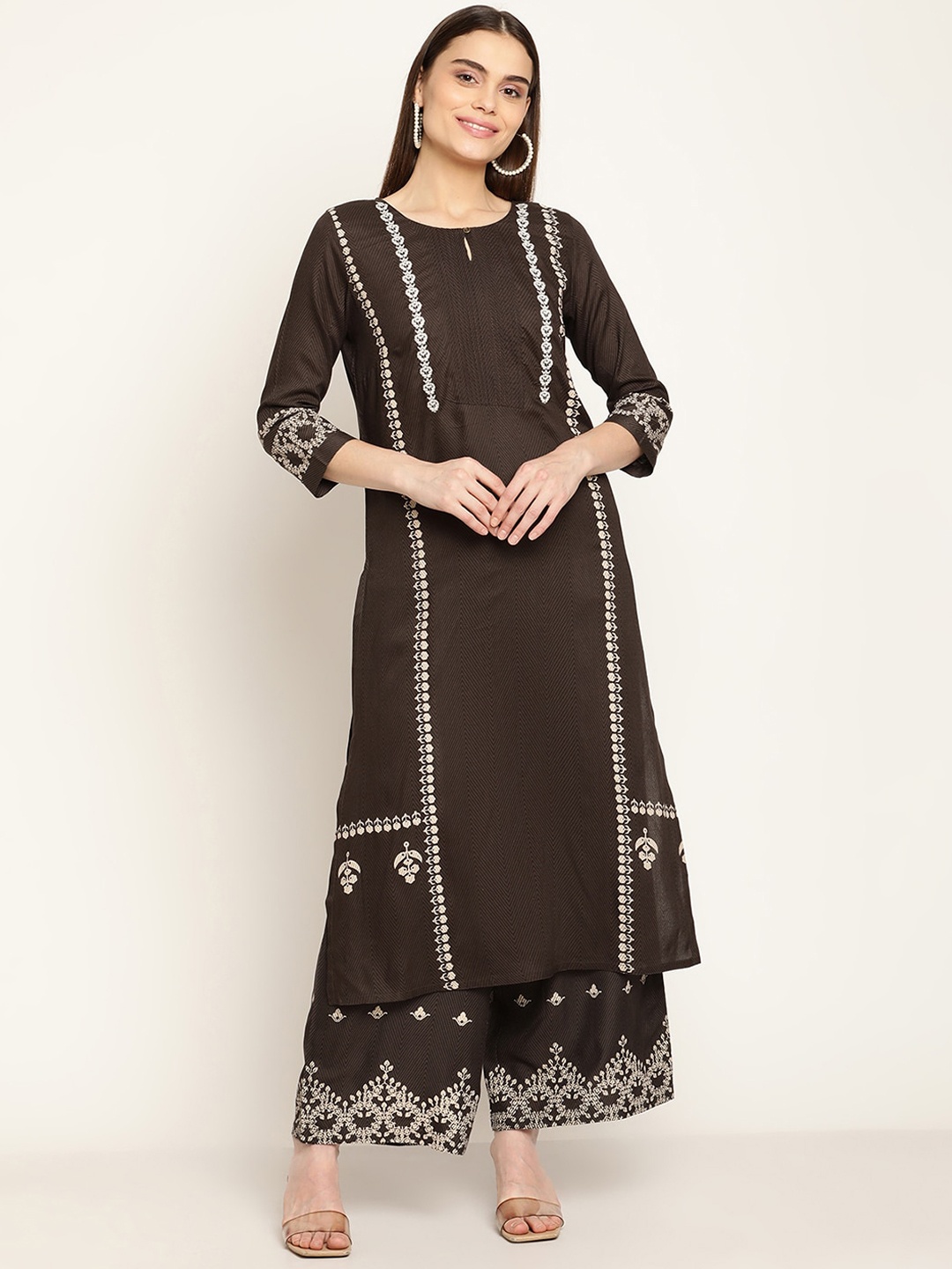 

Cantabil Women Black Floral Panelled Key hole neck Kurta with Palazzo set