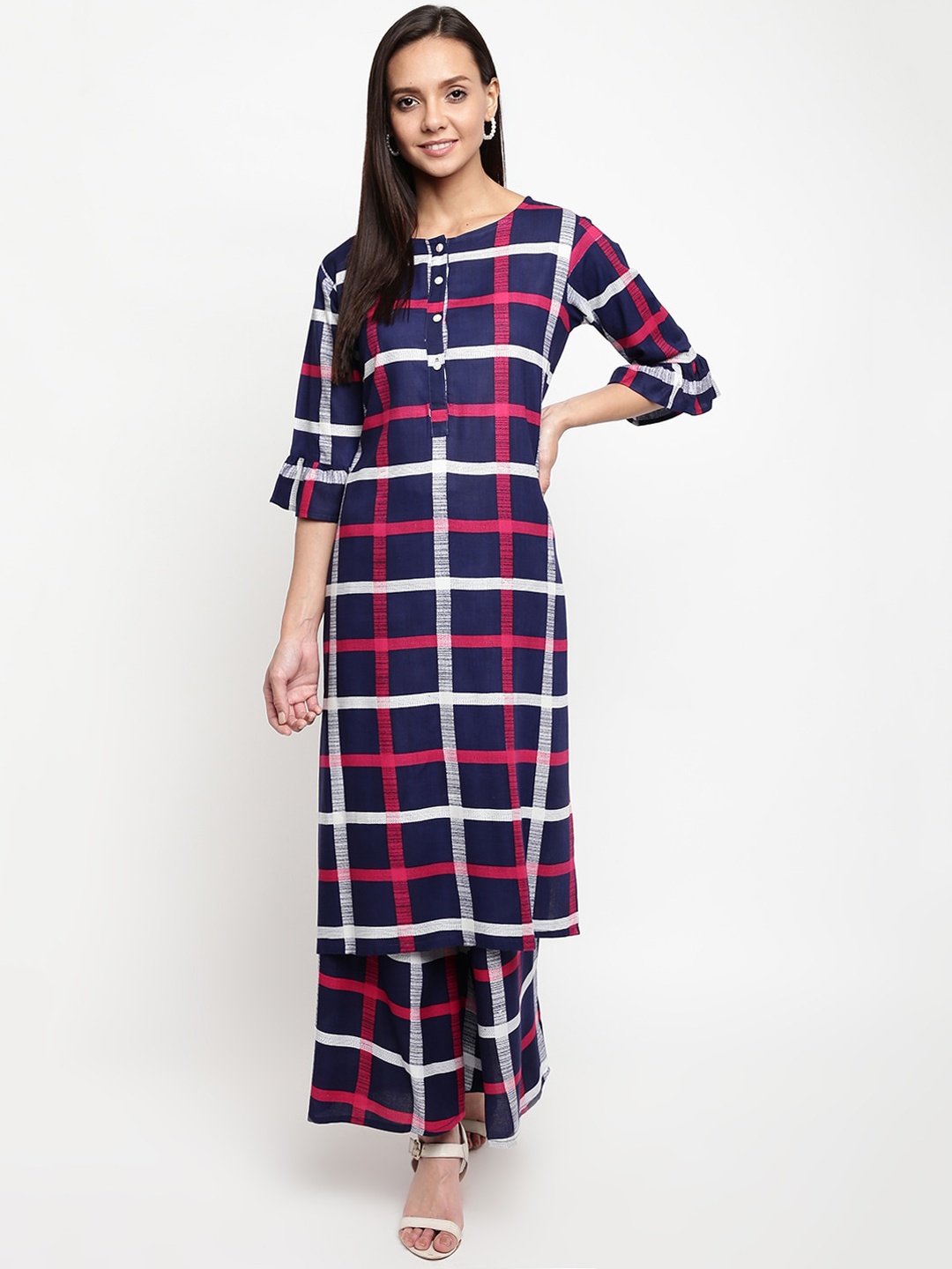 

Napra Women Blue Checked Bell Sleeves Kurta