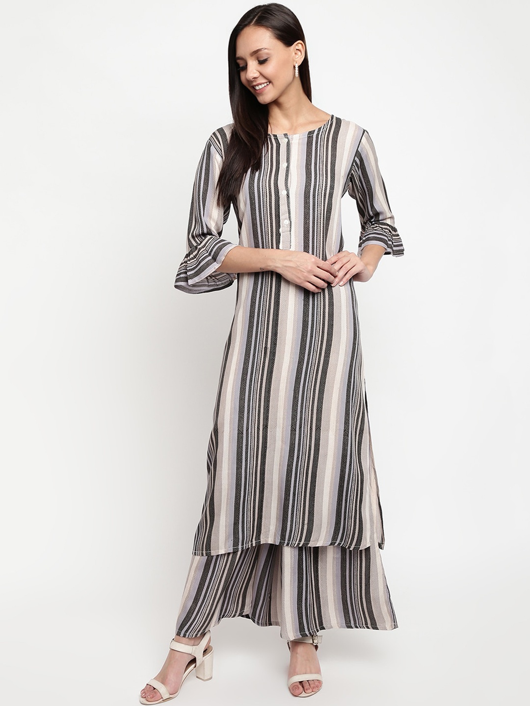 

Napra Women White Striped Bell Sleeves Kurta