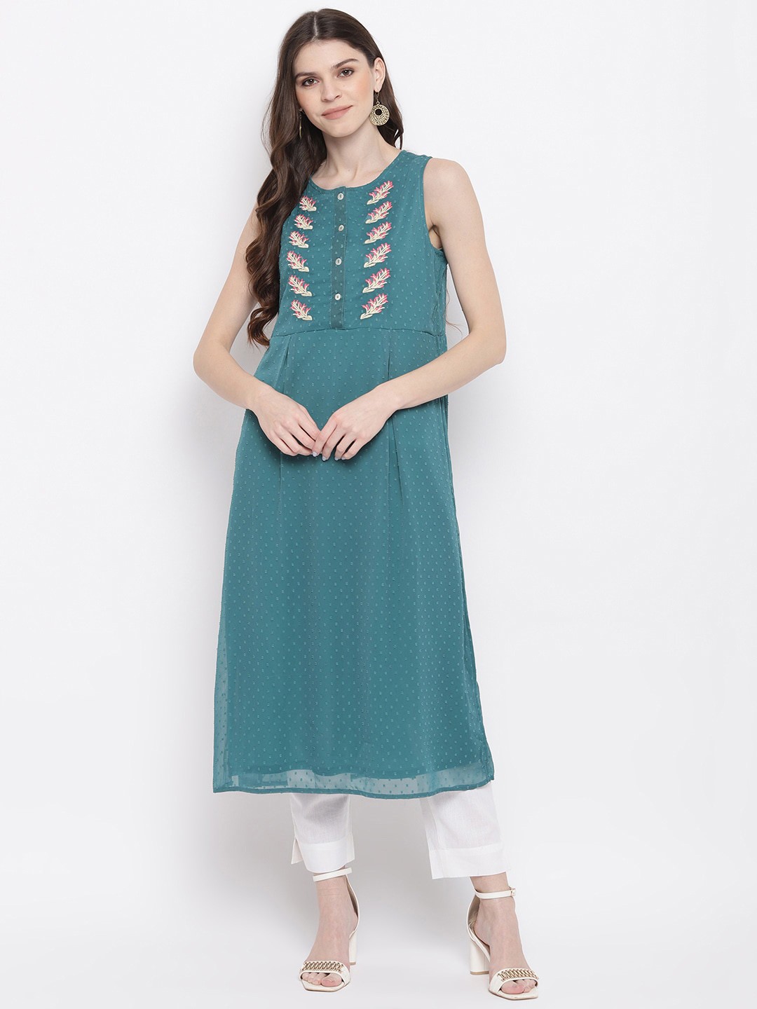 

Napra Women Sea Green Embroidered Georgette Kurta