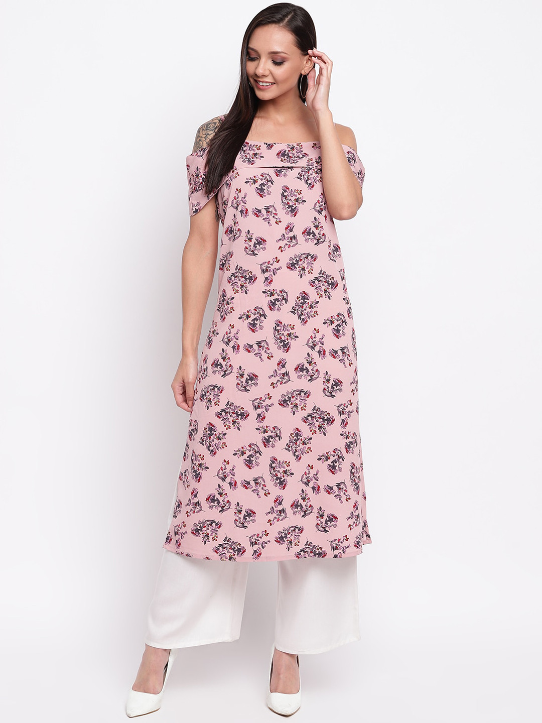 

Napra Women Pink Floral Printed Cold-Shoulder Sleeves Crepe Casual Kurta