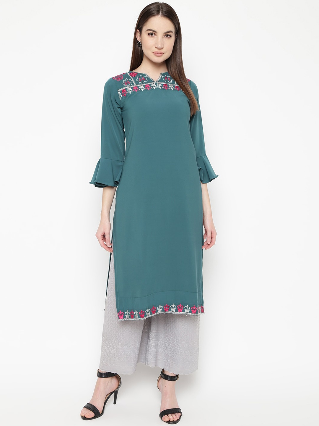 

Napra Women Green Embroidered Flared Sleeves Thread Work Crepe Casual Kurta