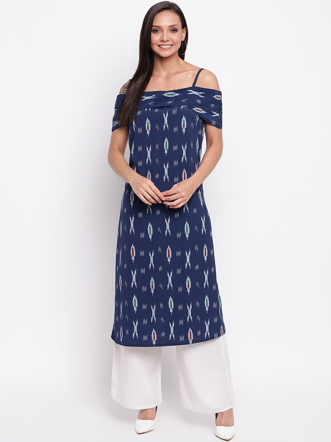 

Napra Women Navy Blue Printed Cold-Shoulder Sleeves Crepe Kurta