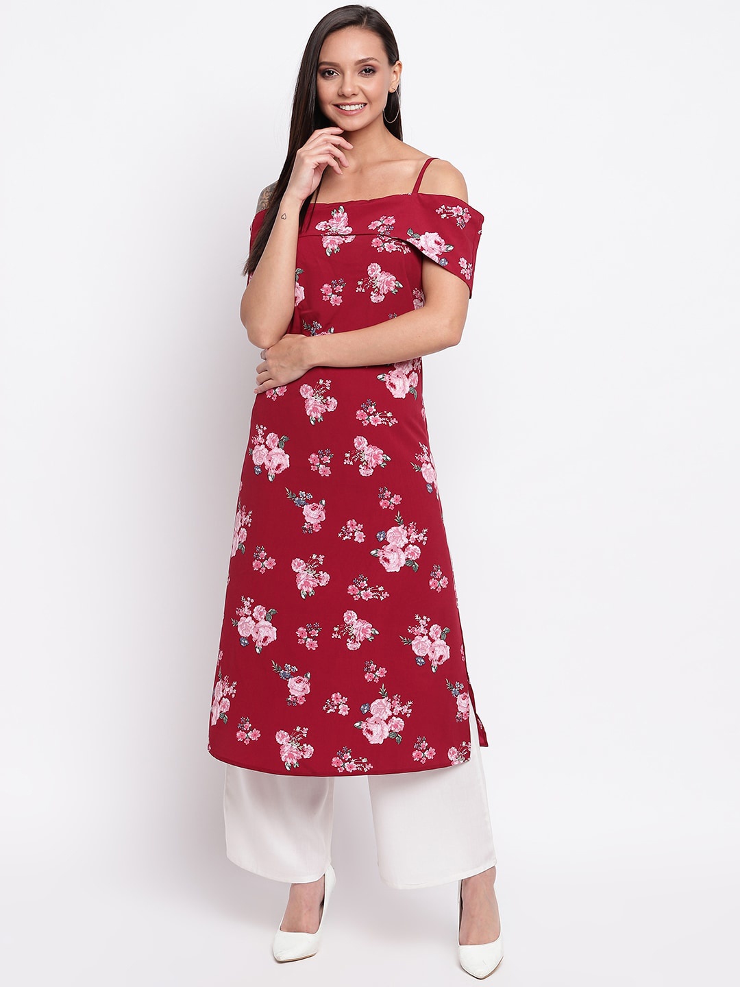 

Napra Women Maroon Floral Printed Cold-Shoulder Sleeves Kurta