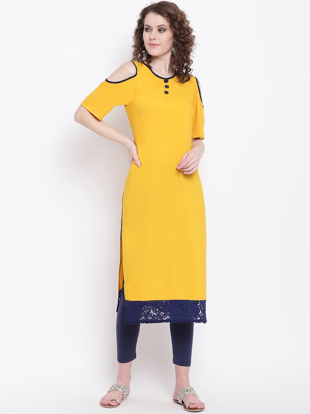 

Napra Women Mustard Yellow Cold-Shoulder Sleeves Crepe Kurta