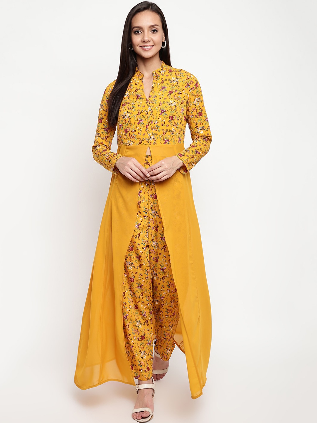 

Napra Women Mustard Yellow & Magenta Floral Printed High-Slit A-line Kurta