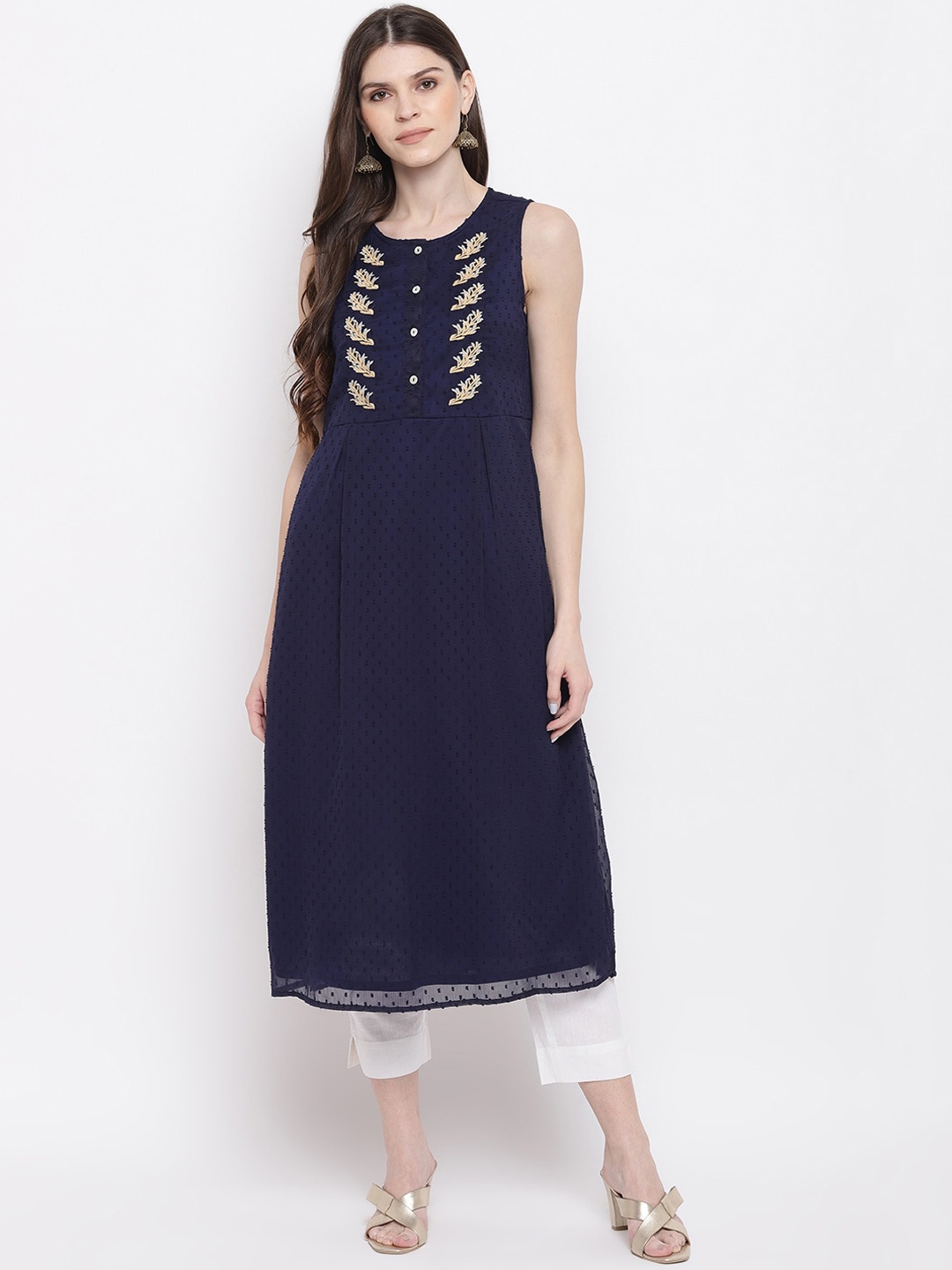 

Napra Women Navy Blue Floral Embroidered Thread Work Georgette Kurta
