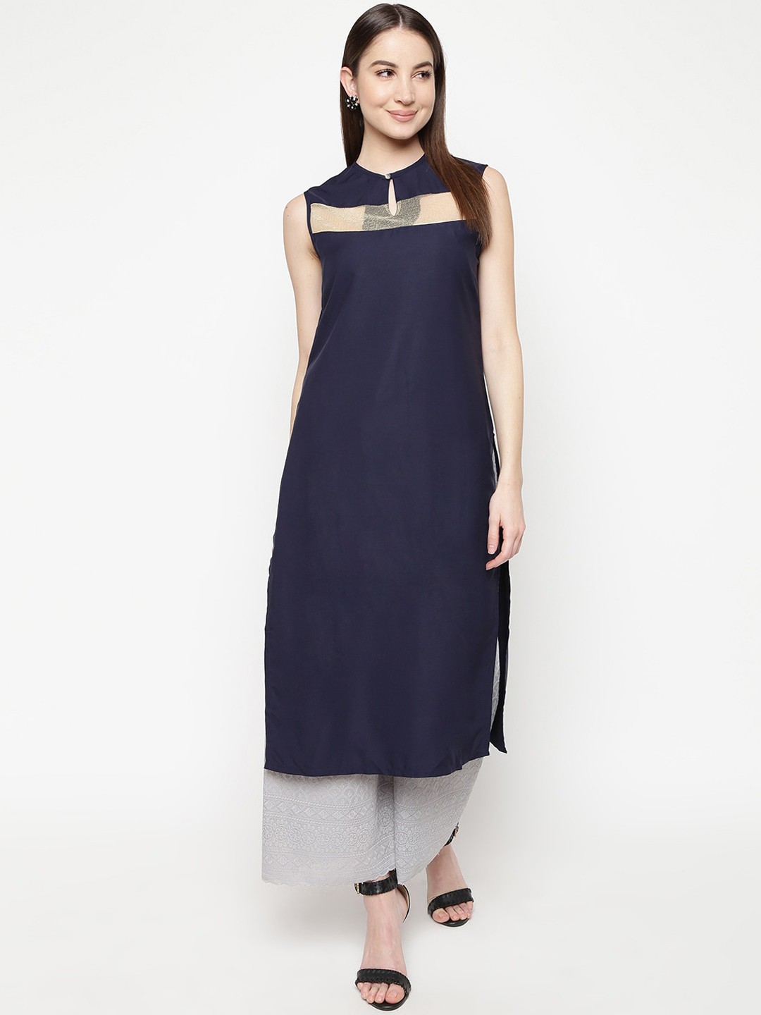 

Napra Women Navy Blue Solid Keyhole Neck Straight Kurta