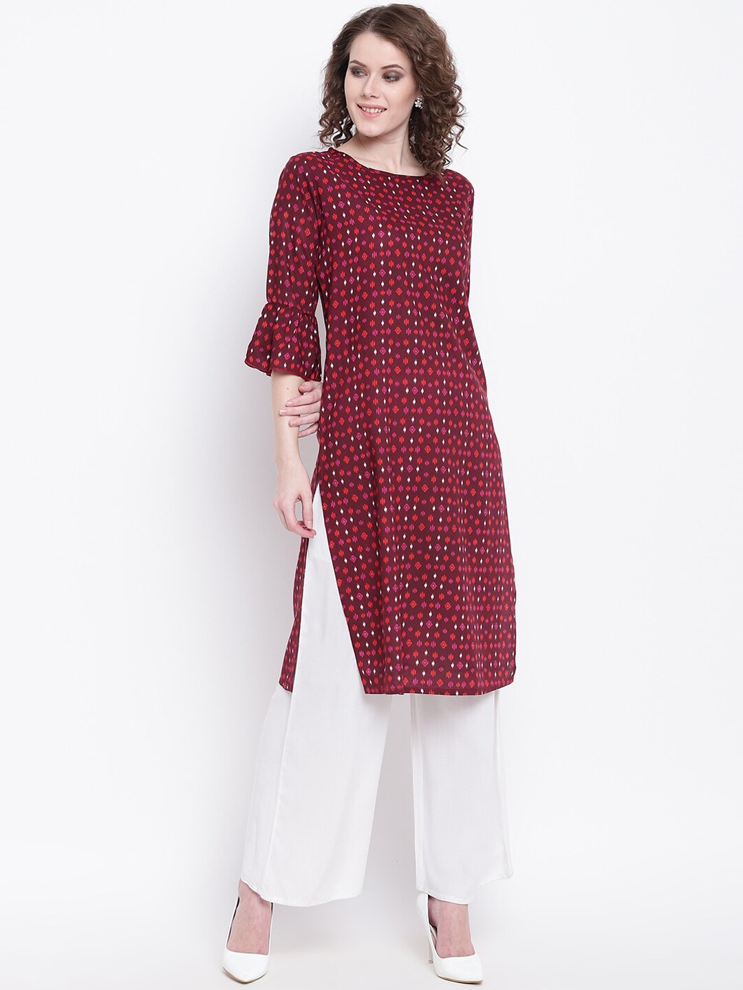 

Napra Women Maroon Geometric Printed Flared Sleeves Kurta