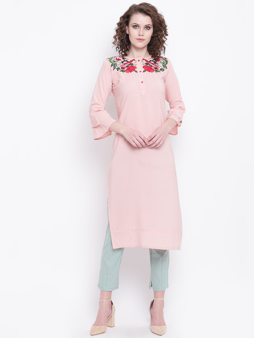 

Napra Women Peach-Coloured Embroidered Flared Sleeves Thread Work Crepe Kurta
