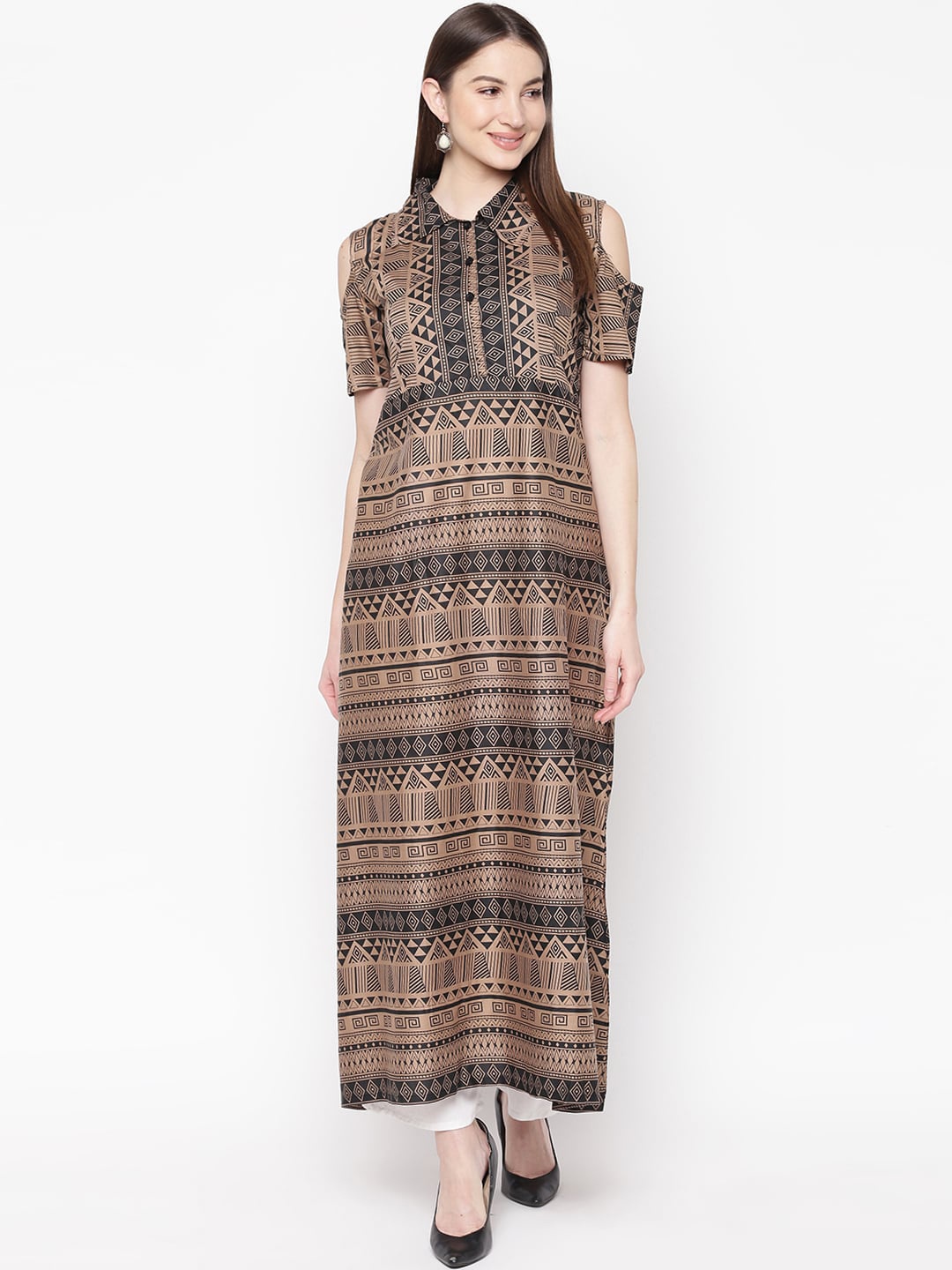

Napra Women Brown Geometric Printed Cold-Shoulder Sleeves Pure Cotton Kurta