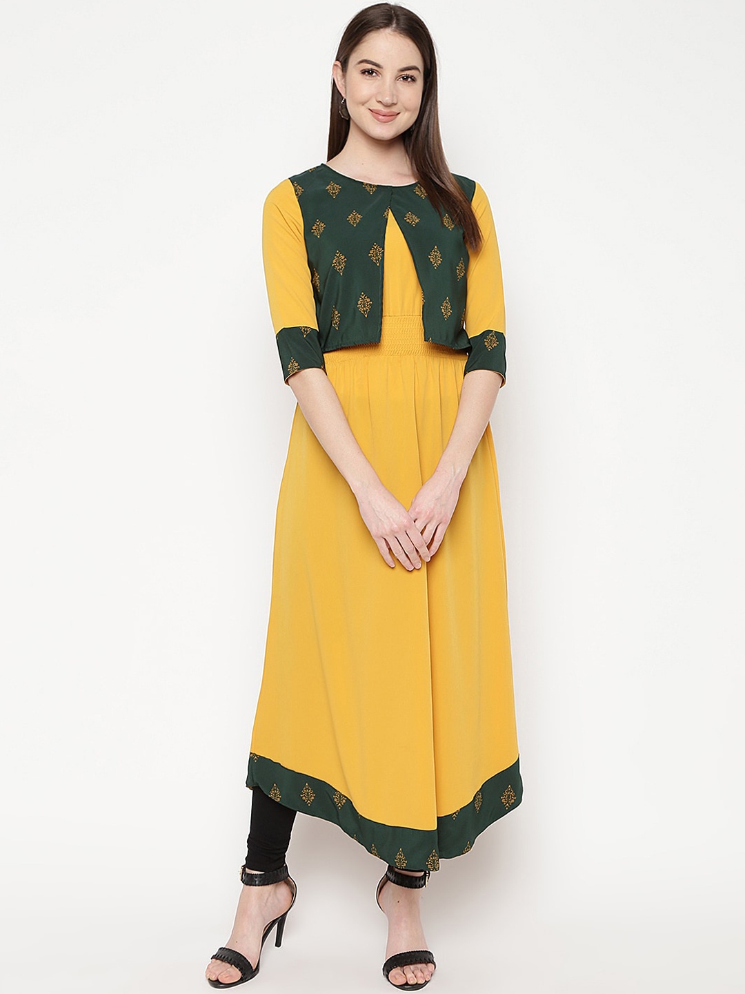 

Napra Women Green & Yellow Printed & Layered Crepe Kurta