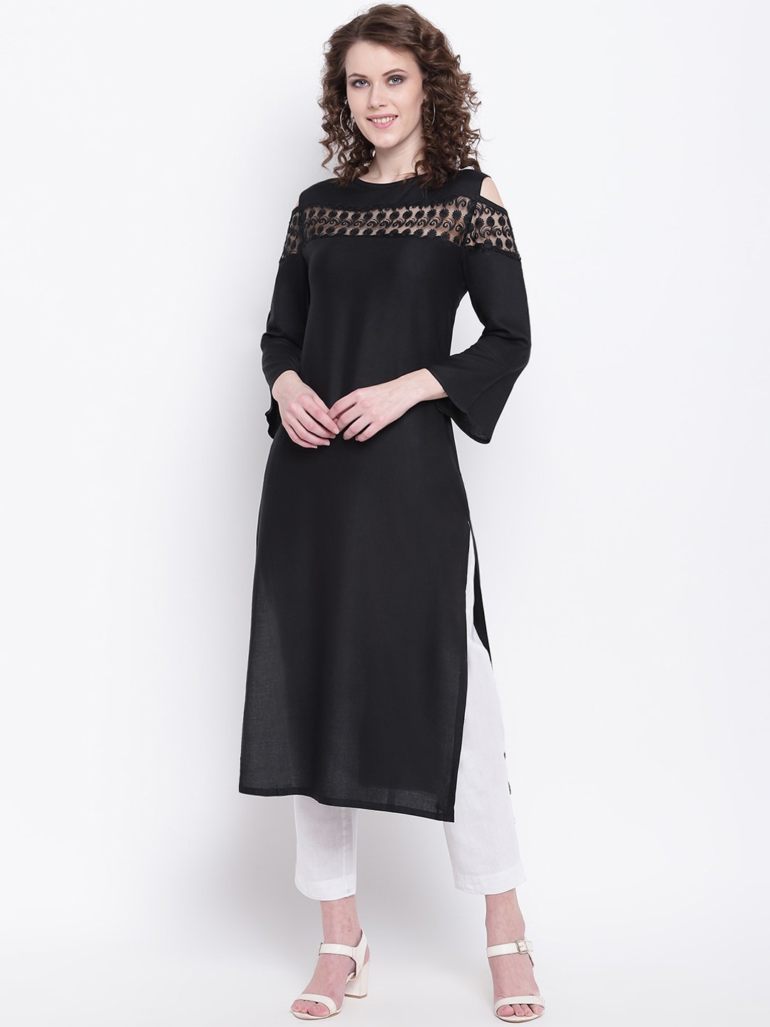 

Napra Women Black Geometric Embroidered Bell Sleeves Kurta