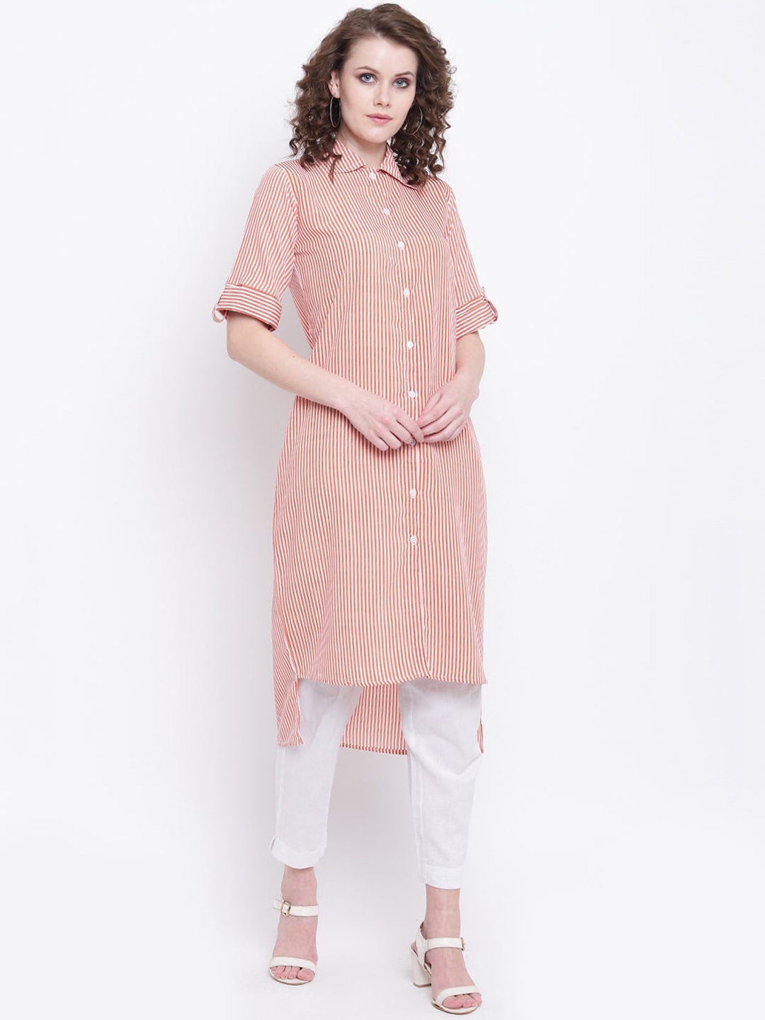 

Napra Women Orange & White Striped High-Low Pathani Kurta