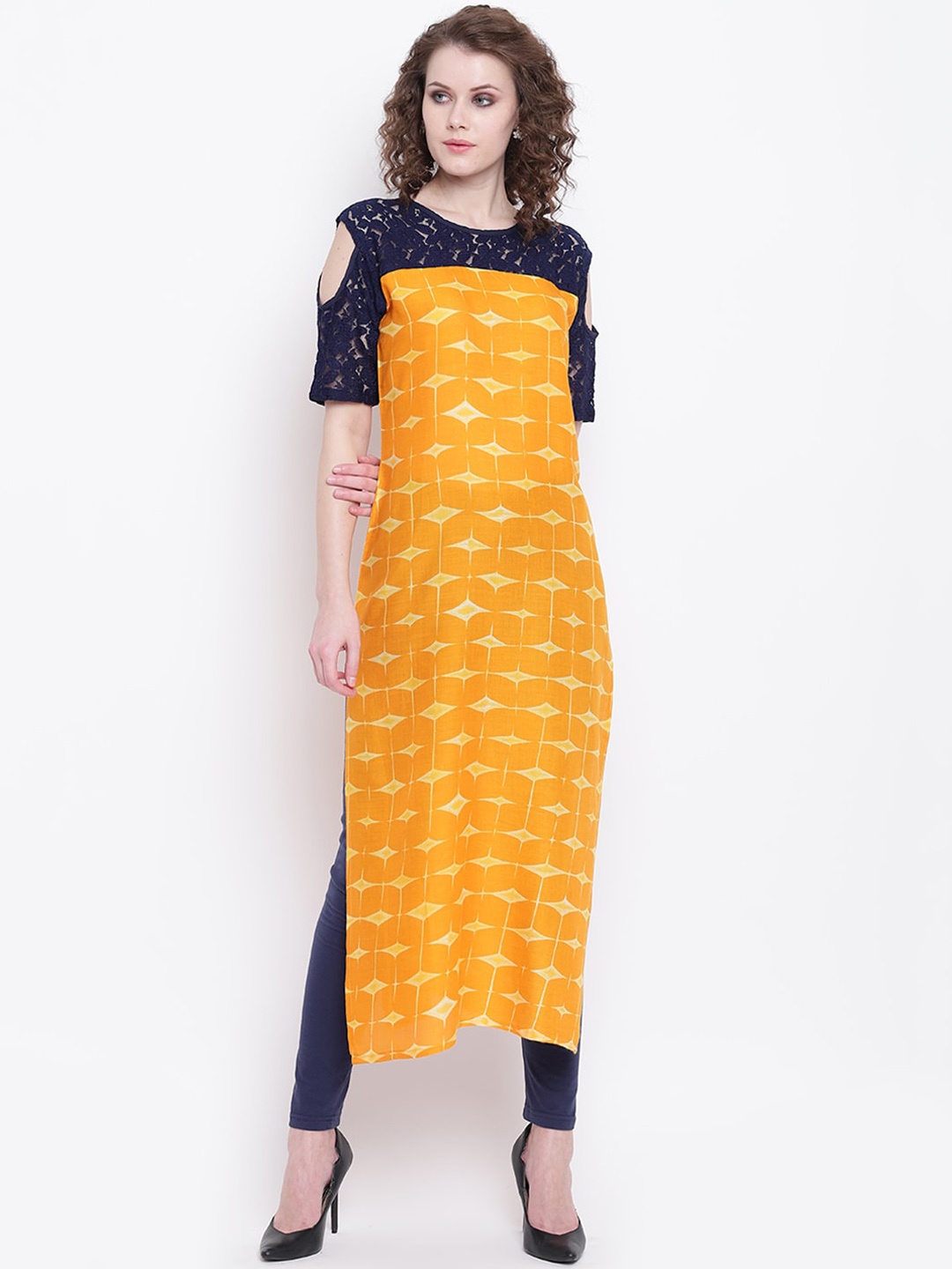 

Napra Women Mustard Yellow & Blue Printed Cold-Shoulder Sleeves Pure Cotton Kurta