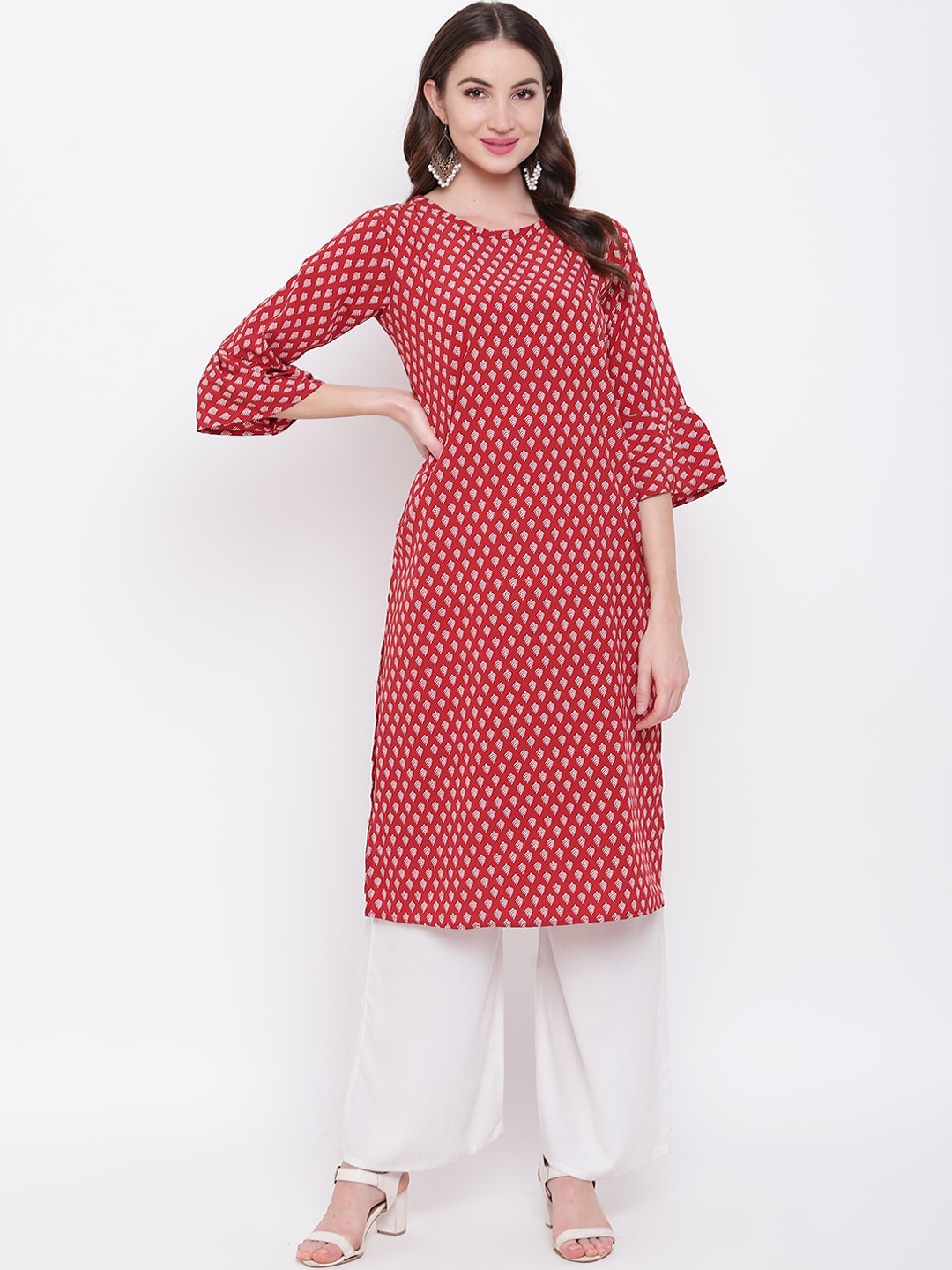 

Napra Women Red & White Ethnic Motifs Printed Flared Sleeves Thread Work Crepe Kurta