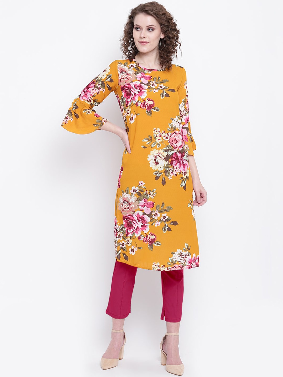 

Napra Women Mustard Yellow & Pink Floral Printed Flared Sleeves Crepe Kurta