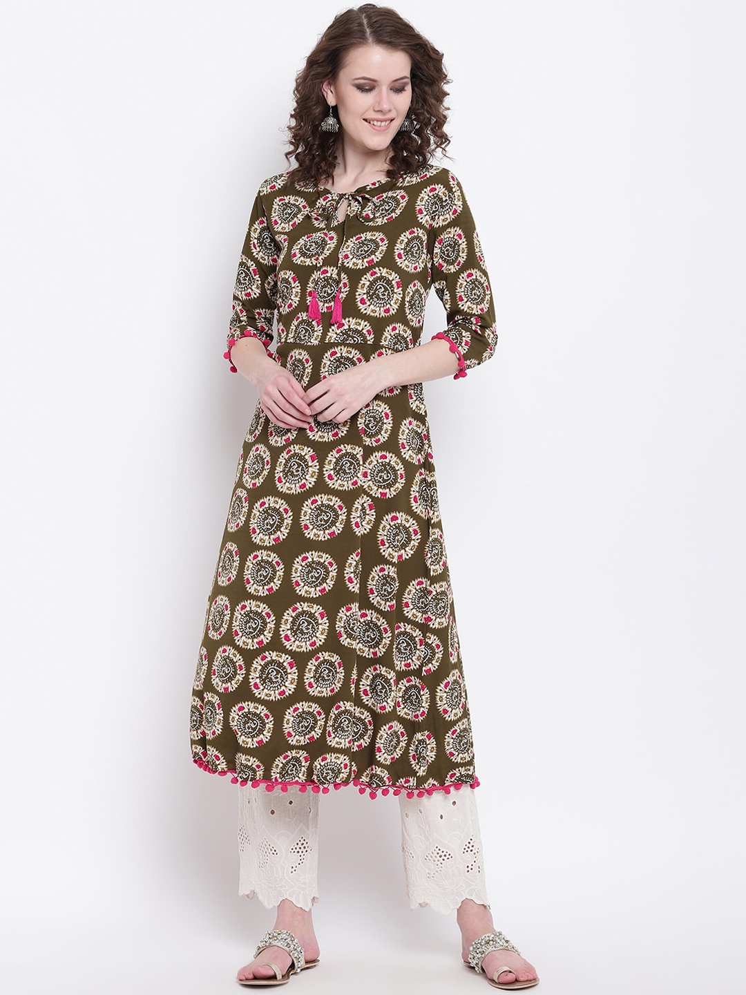 

Napra Women Olive Green Ethnic Motifs Printed Thread Work Crepe Anarkali Kurta