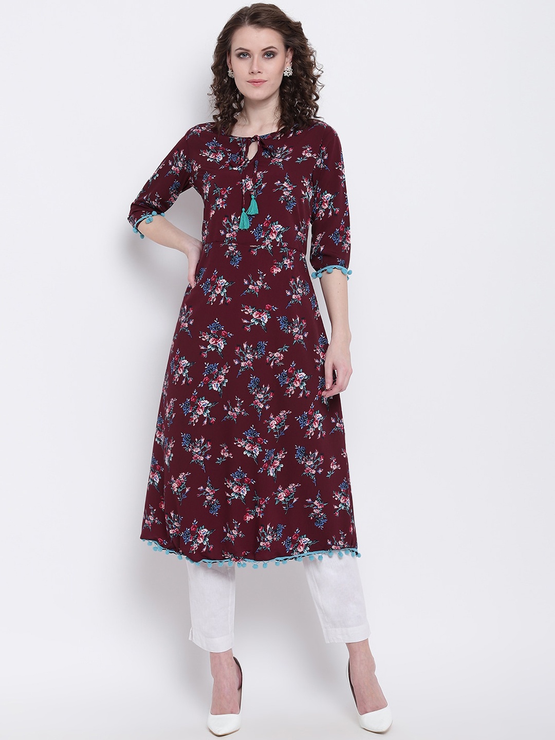 

Napra Women Maroon Floral Printed Keyhole Neck Crepe Kurta