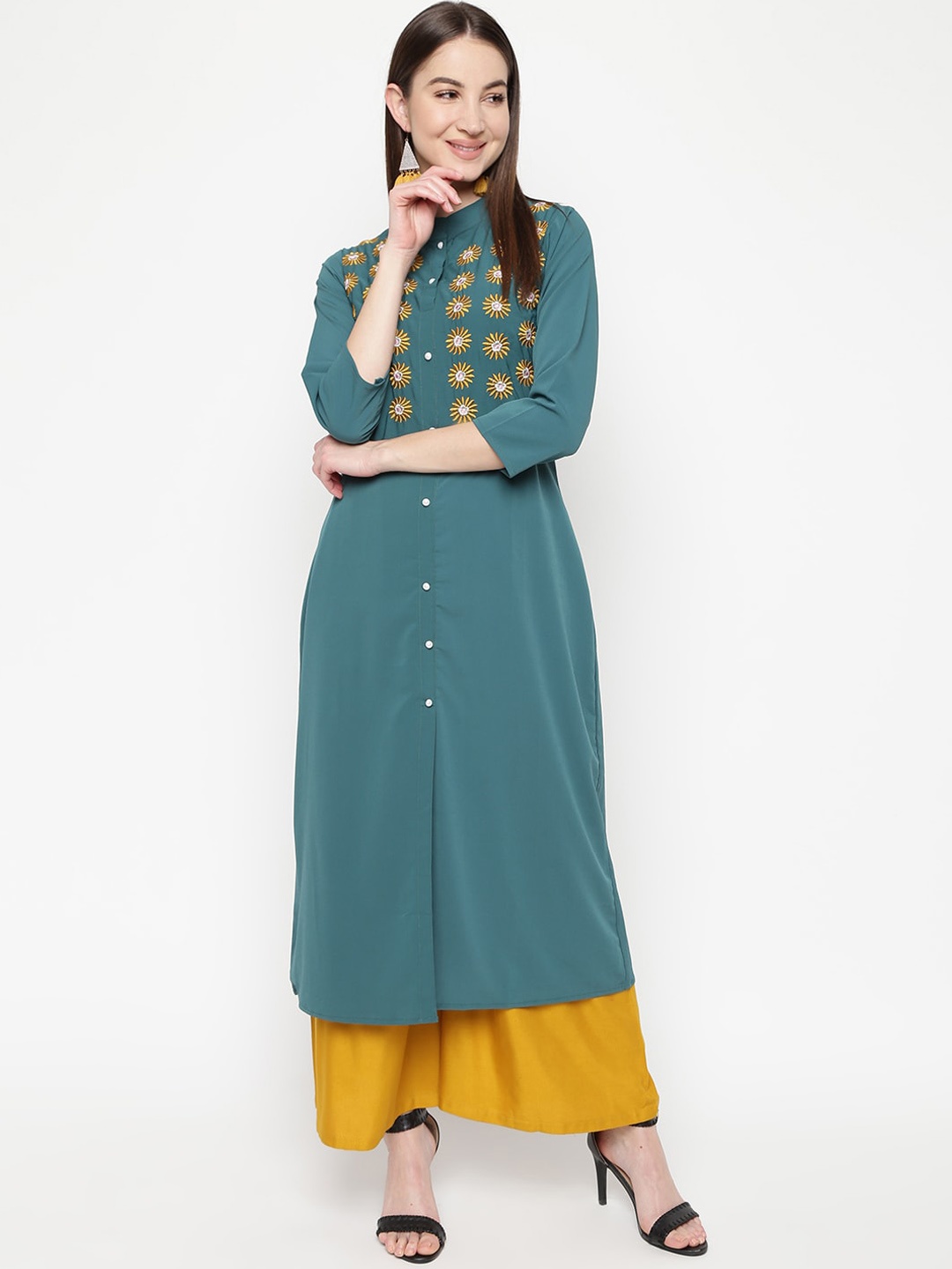 

Napra Women Green & Yellow Yoke Design Thread Work Kurta
