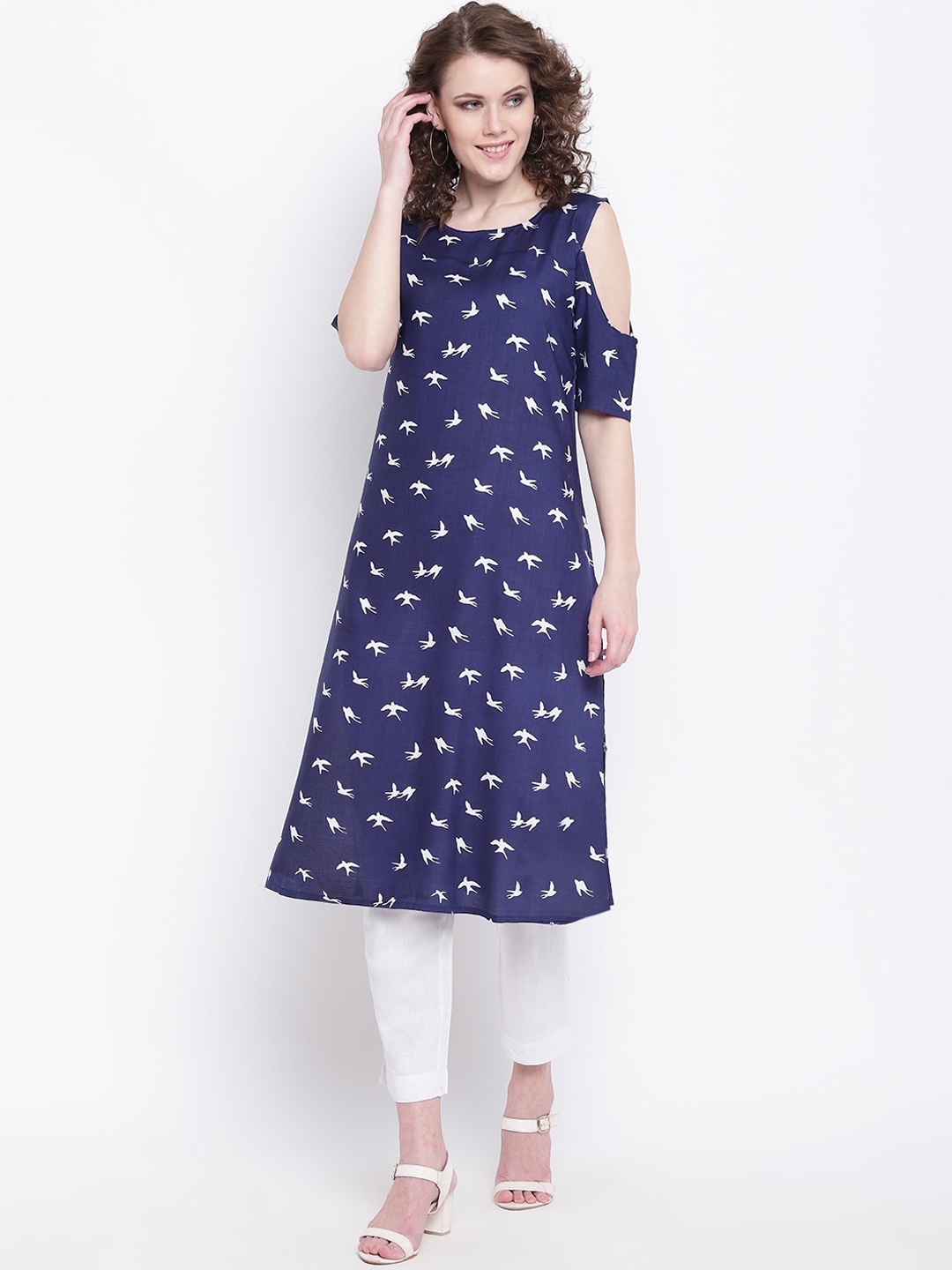 

Napra Women Blue Quirky Printed Cold-Shoulder Sleeves Pure Cotton A-Line Kurta