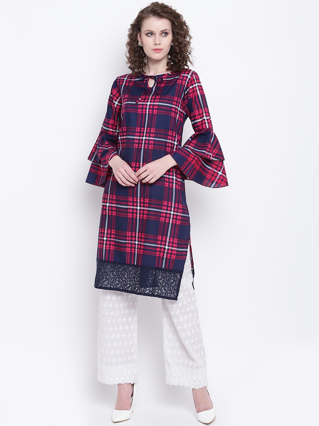 

Napra Women Pink & Blue Checked Keyhole Neck Pure Cotton Flared Sleeves Kurta