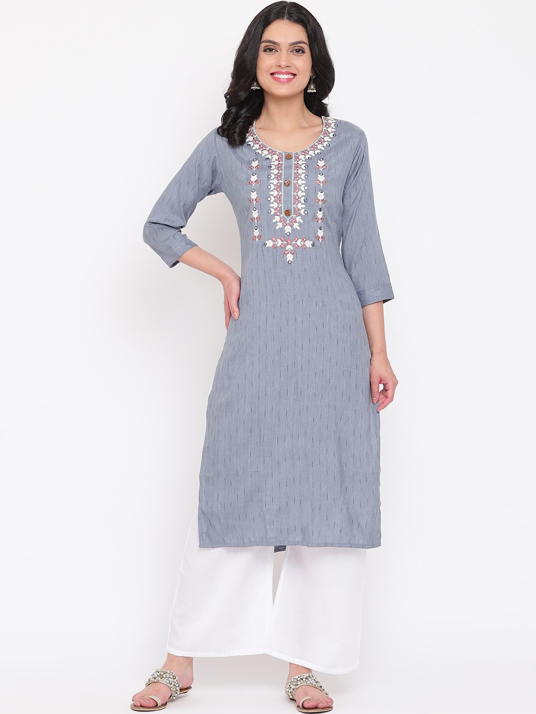 

Napra Women Grey Thread Work Pure Cotton Straight Kurta
