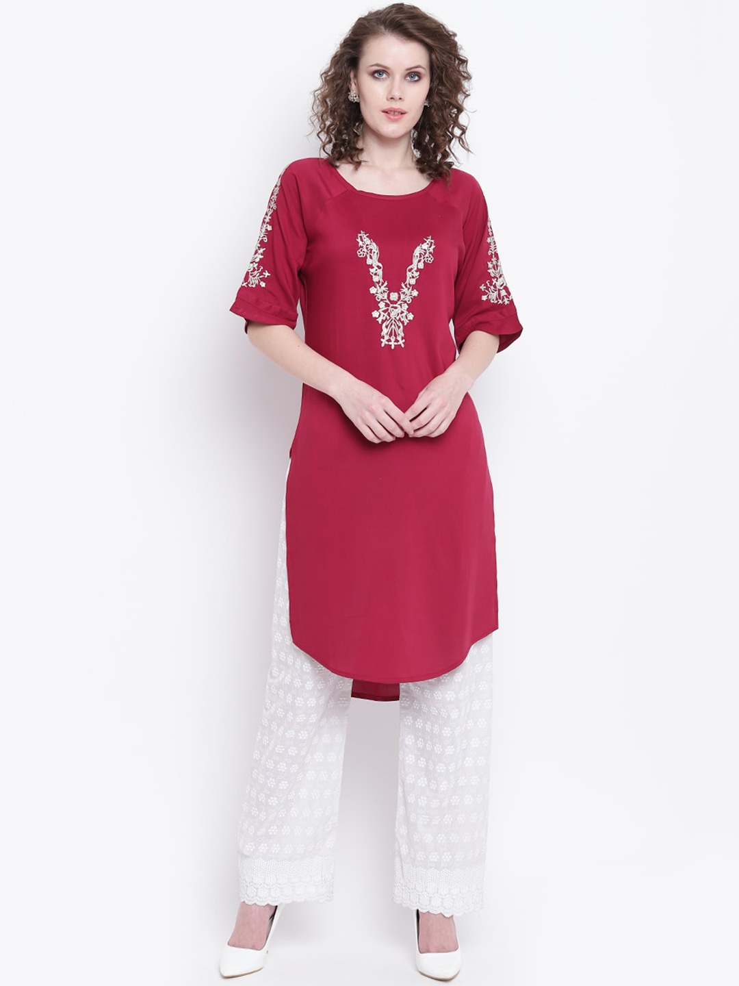 

Napra Women Maroon Ethnic Motifs Embroidered Flared Sleeves Crepe Kurta