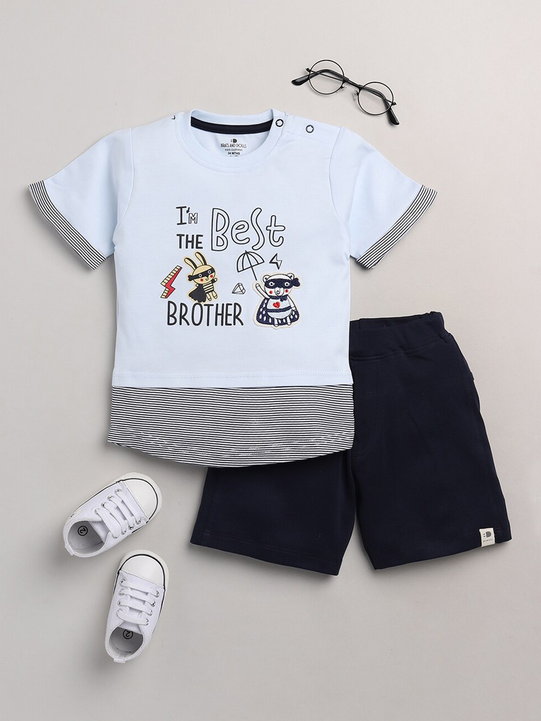 

BRATS AND DOLLS Boys Blue & Navy Blue Printed T-shirt with Shorts