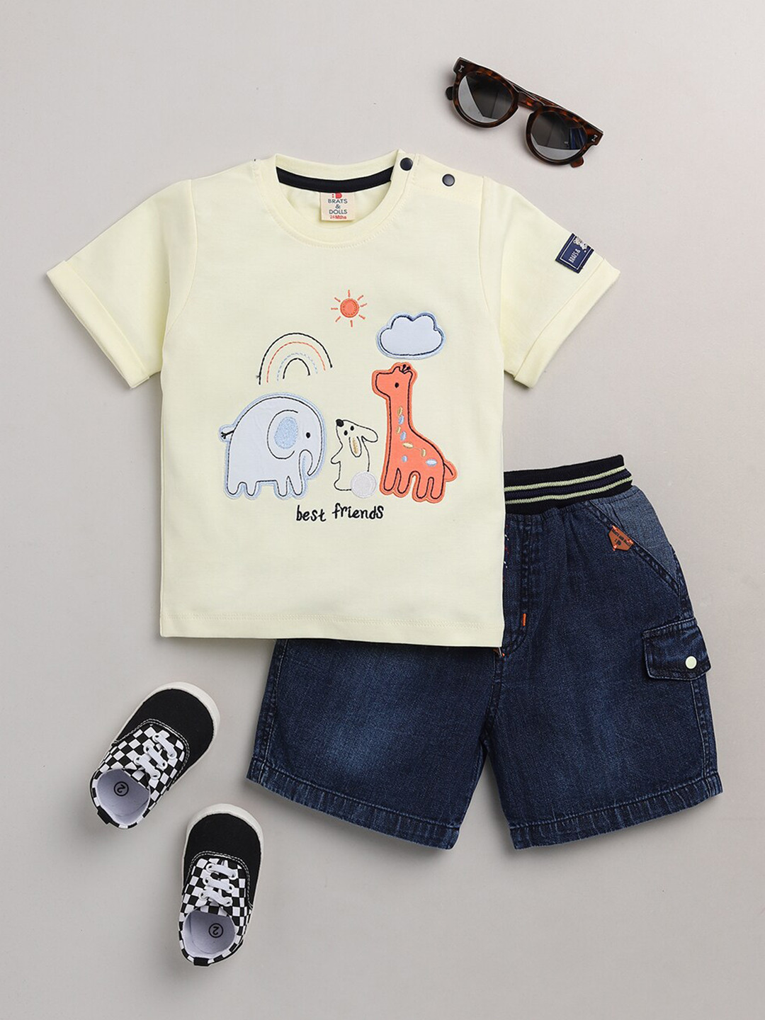 

BRATS AND DOLLS Boys Yellow & Blue Printed T-shirt with Shorts