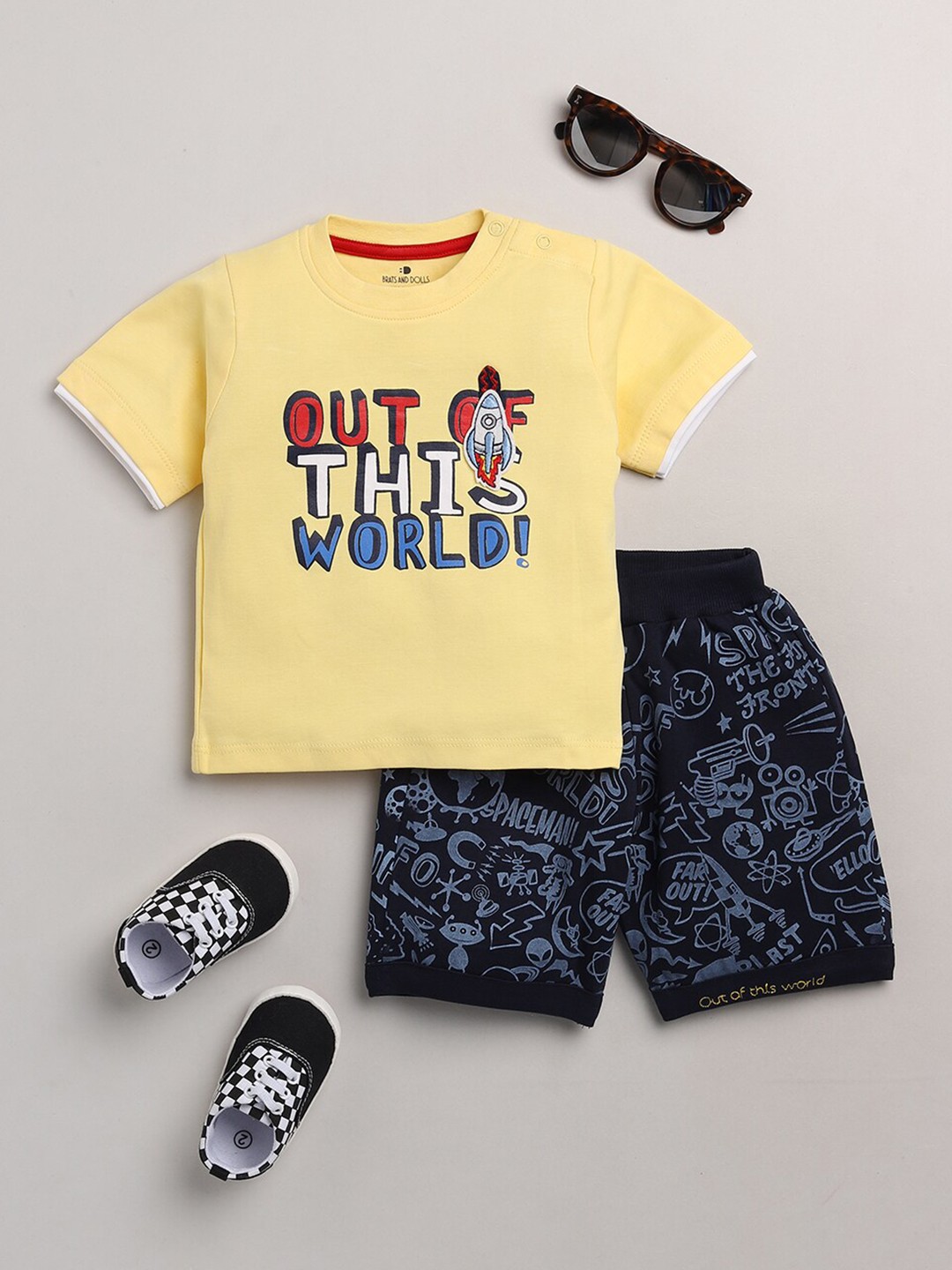

BRATS AND DOLLS Boys Yellow & Grey Printed T-shirt with Shorts
