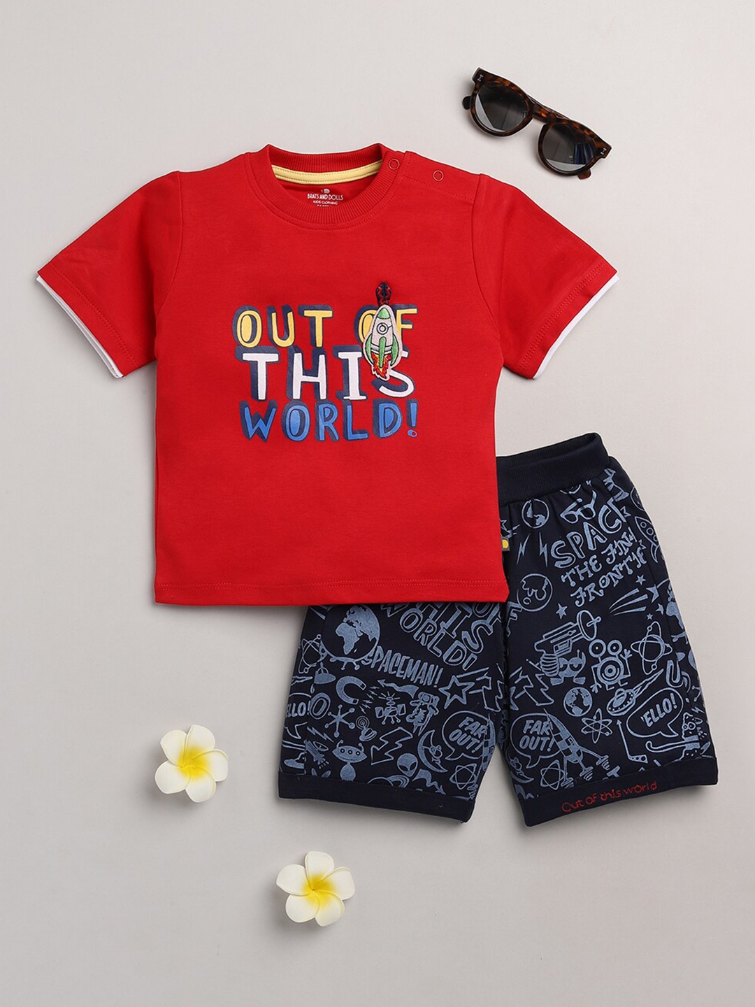 

BRATS AND DOLLS Boys Red & Black Printed T-shirt with Shorts