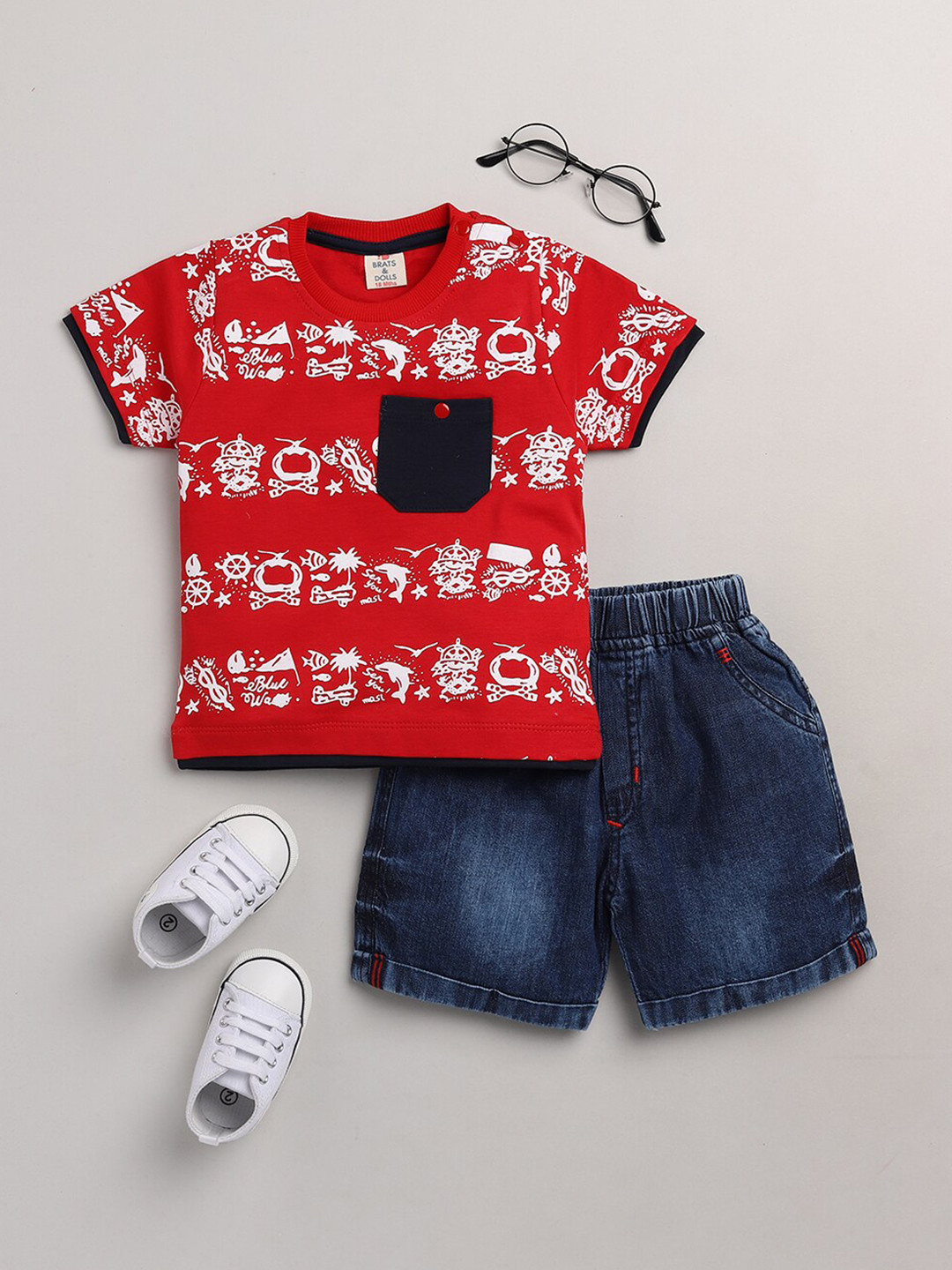 

BRATS AND DOLLS Boys Red & Blue Printed T-shirt with Shorts